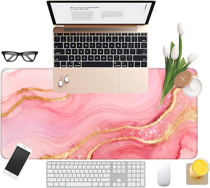 Pink and Gold Stripes Extended Gaming Mouse Pad 31.5x11.8inches Large Desk Mat Anti-Slip Rubber Base & Durable Stitched Edges for Gamers Smooth Mouse Writing Surface for Desk Office/Home