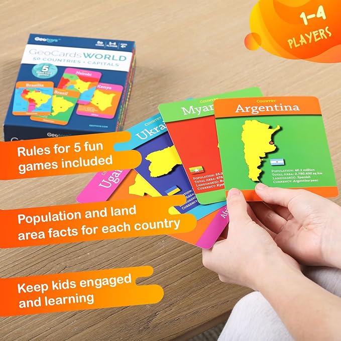 Geotoys GeoCards, Bundle of World & USA Flash Cards Geography Game, Kid Card Games for Families, Home, School & Travel - Fun Kid Games Ages 4 and Up