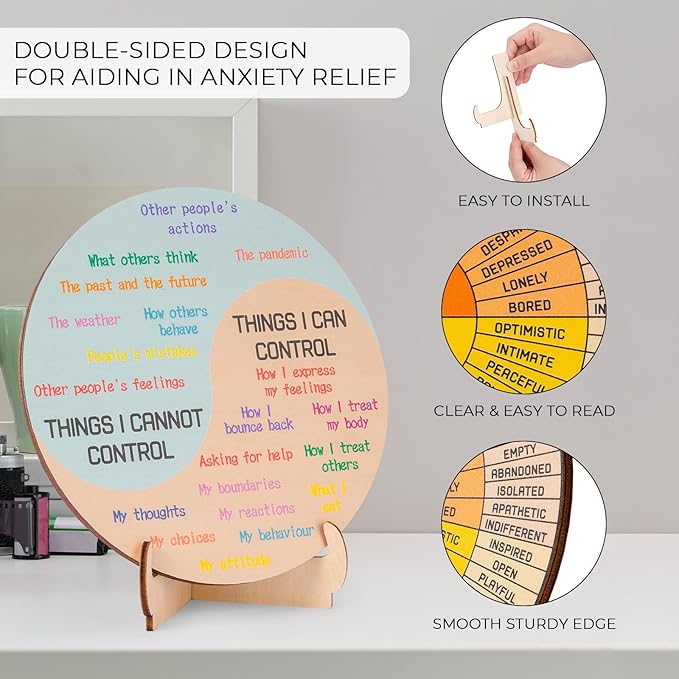 Feelings Wheel Therapy Office Desk Decor - 10.6" Large Double Sided Mental Health Emotions Chart with Stand, Therapist Gifts for Home Office Women Man