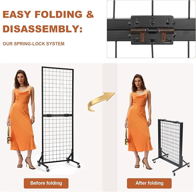 Foldable Grid Wall Panels Display Rack 5.6' x 2' FT with 30 Hooks, Movable Gridwall Display Stand for Retail Display Craft Merchandise