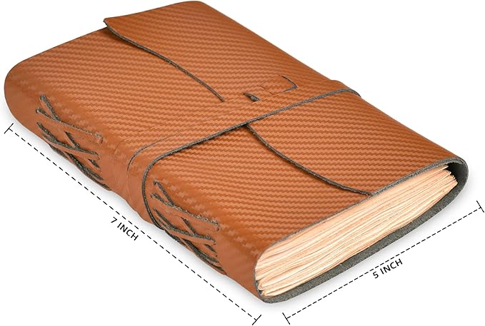 LEATHER VILLAGE Carbon Fiber Genuine Leather Bound Journal - 7'' x 5'', 220 Pages - Vintage Blank Paper Diary for Writing, Drawing, Sketchbook, and Travel Notebook - Ideal for Women and Men- Tan