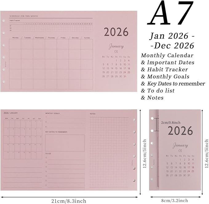 Koqye 2026 A7 Tri-Fold Monthly Planner Refills Kit, Foldable 5x3.1 in, Colorful Monthly Refills Jan-Dec 2026 with Goals, To-Do Lists, Notes, for Planning Organization