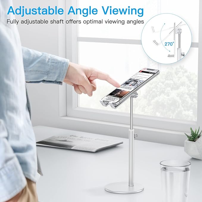 Cell Phone Stand, OMOTON Angle Height Adjustable Phone Stand, Aluminum Desktop Phone Holder Dock Stand for Desk, Compatible with iPhone 17 Pro Max, All Smartphones and Tablets(4-11''), Sliver