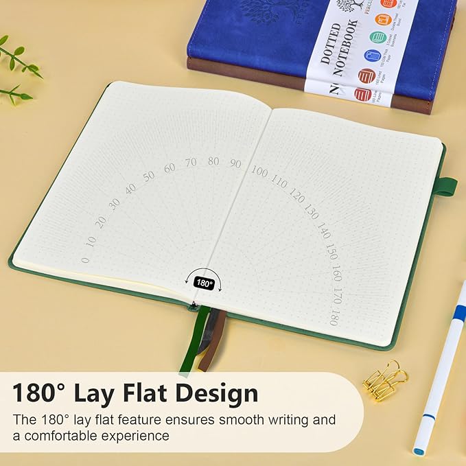 Dotted Journal Notebook for Men & Women, 160 Pages Dot Grid notebook for Note Taking, Bullet Journaling Notebook for Work, School, Travel, Writing, A5 Hardcover 5.9" x 8.5" (Green)