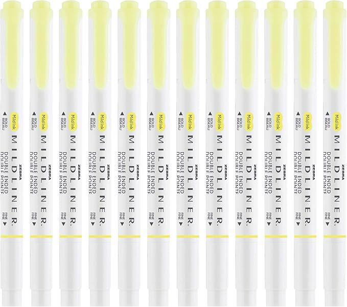 Zebra Pen Mildliner Dual-Tip Highlighters, Broad and Fine Tips, Ideal for Bible Highlighting, No Bleed, School Supplies, Teacher Supplies, and Office Supplies, Mild Yellow Ink, 12-Pack (78150upc)