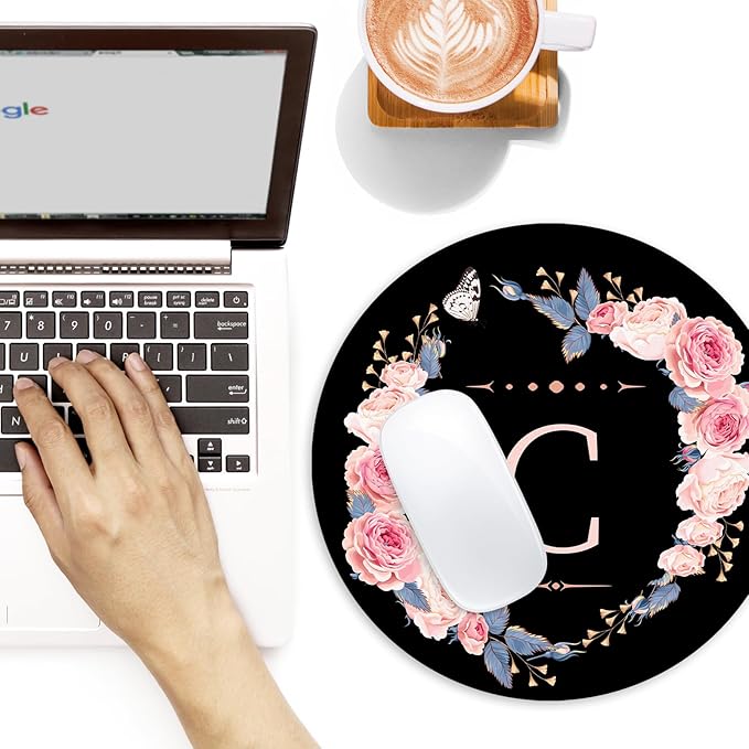 Letter C Black and Pink Flowers Round Mouse Pad, Funny Small Mouse with Non-Slip Rubber Base, Home Office Decor Desk Accessory, 8.7inch Round