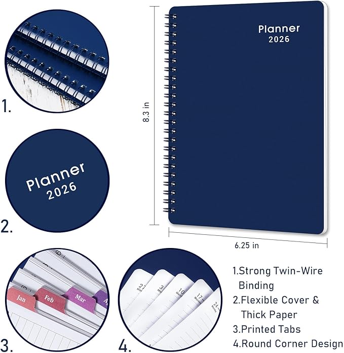 2026 Planner - Planner 2026 with Weekly & Monthly Spreads, Jan 2026 - Dec 2026, 6.25" × 8.3", Strong Twin-Wire Binding, Round Corner, Flexible Cover, Monthly Tabs