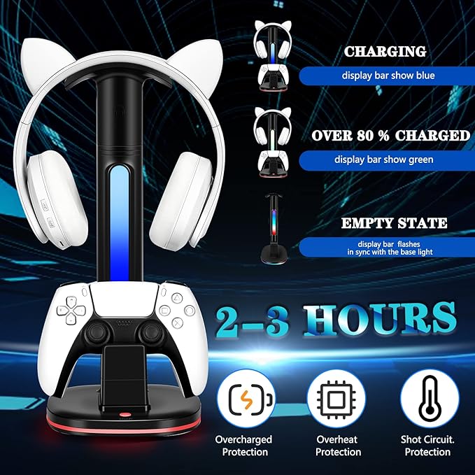 PS5 Controller Charging Station with RGB Headphone Stand, PS5 Controller Charger Holder with 2 USB Port, Headset Stand for PlayStation 5 & DualSense Edge Controllers Charging Dock