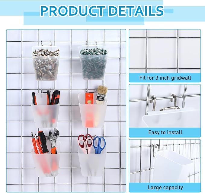 6 Pack Large Gridwall Cups Gridwall Storage Bin with Hooks Hanging Baskets Square Box Shape Hanging Cup Holder Gridwall Accessories for Garage Workbench Office Playroom Home Kitchen (Clear)