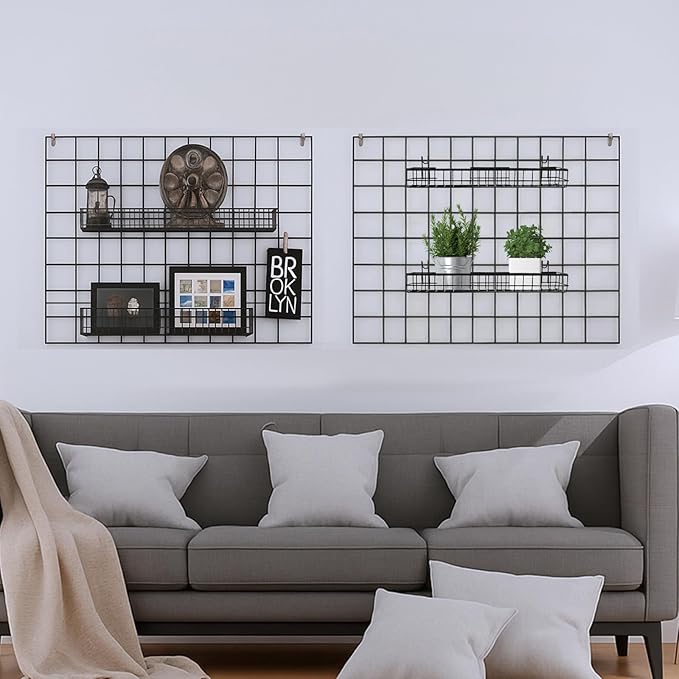 4 Pcs 15.75 x 3.94 x 1.97 Inch Metal Grid Wall Baskets with Hooks Grid Wall Shelves Hanging Wire Basket Multi Function Storage Organizer for Kitchen Organizing Display (Black)