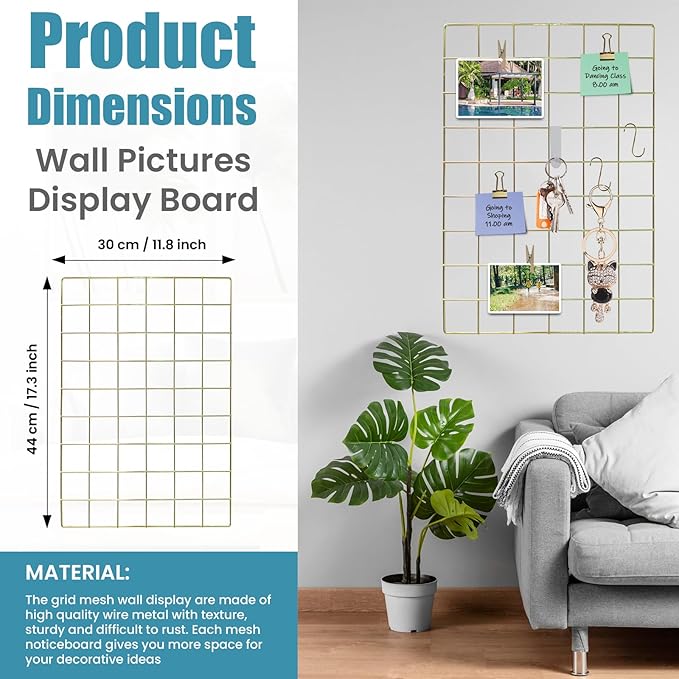 Metal Grid Wall Panel, Wire Grid Photo Display Organizer, 17.3"×11.8" Gold Wire Board Grid Wall, Grid Picture Frame, 2-Pack Wire Mesh Memo Board with Clips and Hooks