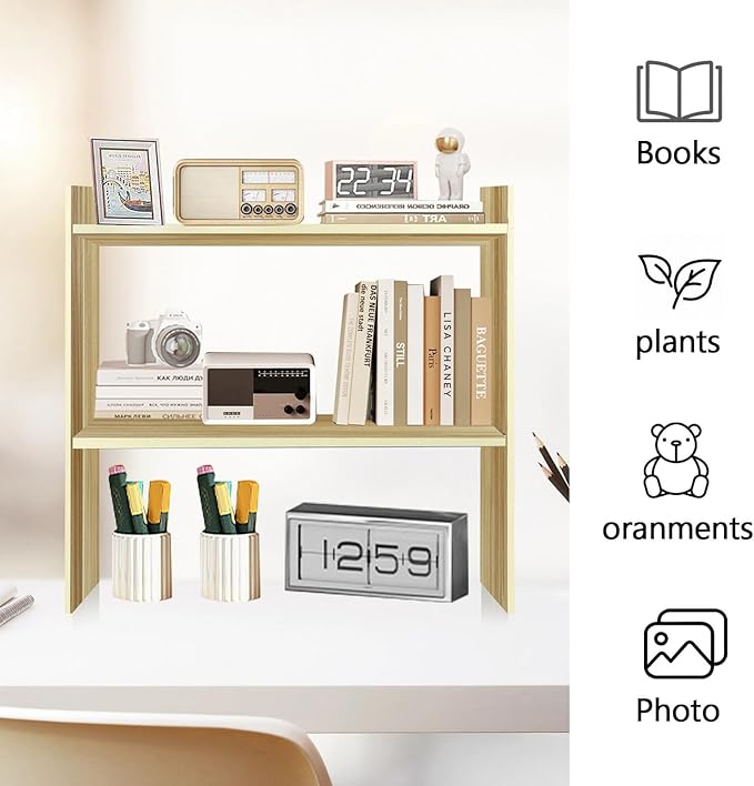 2 Pack Small Shelf for Desk - Desktop Organizer Shelf, Over Desk Storage, 2 Tier Desktop Bookshelf for Office Table Top Organizer, Wood