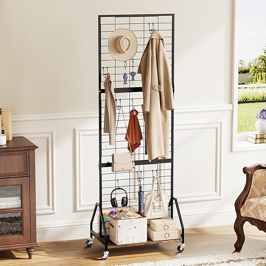 ELYKEN Foldable Grid Wall Panels 5.5' x 2' FT, Movable Wire Gridwall Display Rack with Wheels and Adjustable Foots, Retail Display Stand for Vendor with Storage (Rustic Brown)