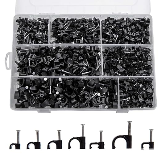 700 Pcs Cable Clips with Steel Nails, Nail in Cable Clips, Black 4/5/6/8/10mm Cable Wire Clips, Cable Wall Clips, Wire Staples Cord Clips with Nails for Speaker Ethernet Cords Wires
