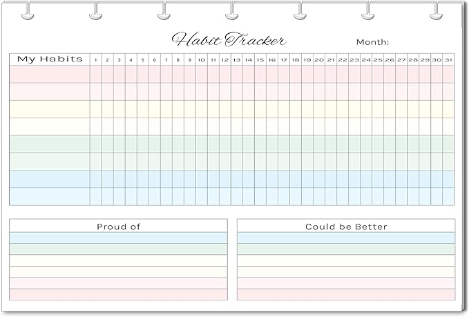 Horizontal Habit Tracker Inserts for 7, 9, 11 Disc | Mini, Classic, Skinny, Big, Letter, Junior Size Planners | Color or Black & White | Monthly Habit Log (Color, 7-Disc Mini)