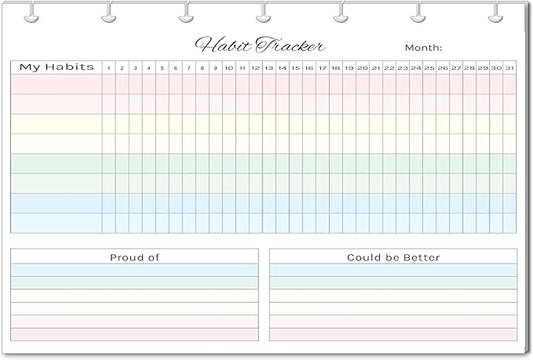 Horizontal Habit Tracker Inserts for 7, 9, 11 Disc | Mini, Classic, Skinny, Big, Letter, Junior Size Planners | Color or Black & White | Monthly Habit Log (Color, 7-Disc Mini)
