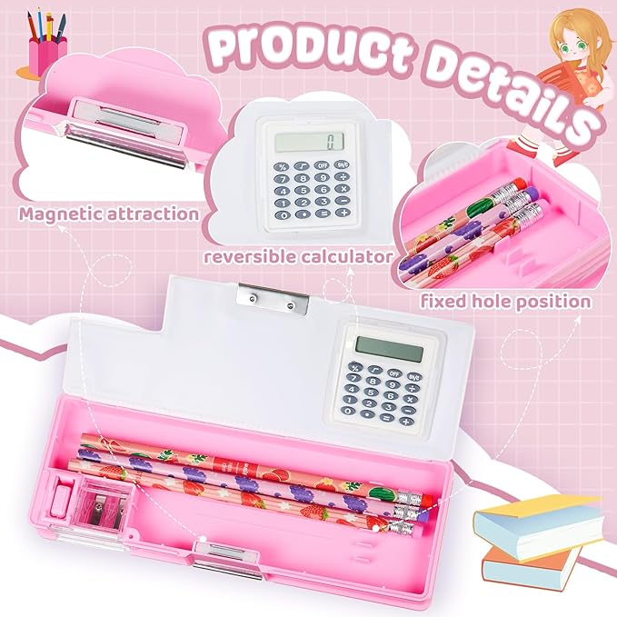 Henoyso Multifunctional Pencil Box for Girls Pink Inspirational Pencil Case with Calculator and Sharpener Cute Pencilcase School Supplies Essentials Christmas Birthday Gift Present for Kids Teens