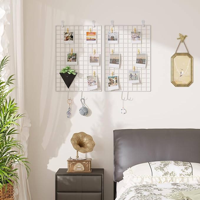 C&AHOME Photo Wall Display Set of 2, Grid Panel with Hooks, Clips, Hemp Cord, Hammer - 17.7" x 25.6", White UWWGM4565W