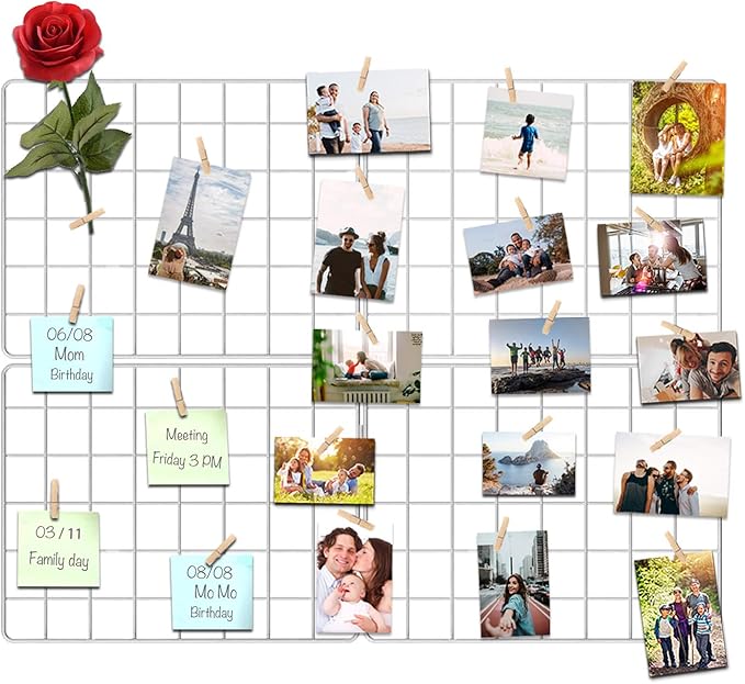 Wire Wall Grid Panel for Photo Display, DIY White Iron Picture Frames Collage for Hanging Wall Decor, Foldable Multi Pictures Organizer with 12 Clips, 31'' X 24'' Inch. (2 Pack)