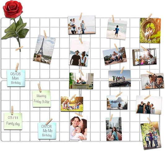 Wire Wall Grid Panel for Photo Display, DIY White Iron Picture Frames Collage for Hanging Wall Decor, Foldable Multi Pictures Organizer with 12 Clips, 31'' X 24'' Inch. (2 Pack)