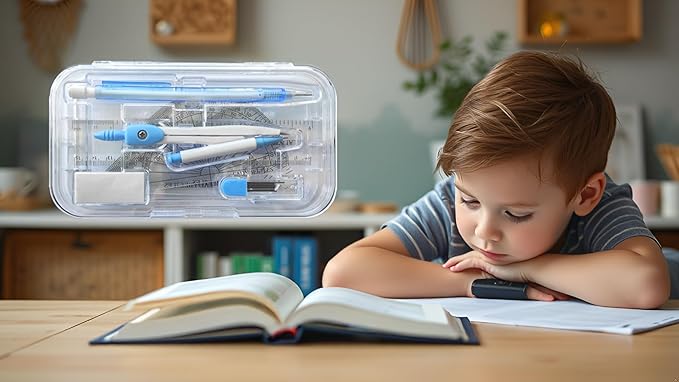 Maths Set Pastel Blue 9PCS Set, Geometry Set Square 4PCS Pack, Compass, Mechanical Pencil, Pencil Leads, Eraser Included in A RE-USABL Plastic Box, Nice Back to School Stationery Set for Students