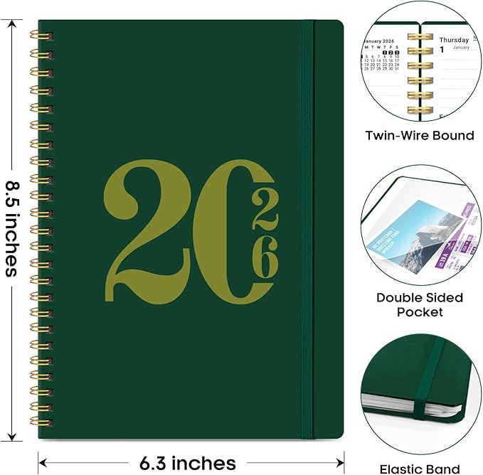 2026 Planner, Weekly and Monthly Calender Planner, Jan 2026 to Dec 2026, Hardcover 2026 Calendar Book with Tabs & Inner Pocket, Office Home School Supplies for Women & Men - A5 (6.3" x 8.5"), Dark Green