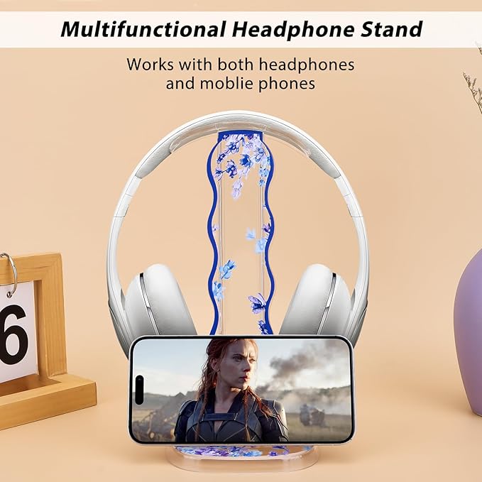 CamyCosy Headphone Stand Gaming Headset Holder for Desk,Unique Purple Lavender Flowers Pattern Clear Cellphone Stand Earphone Stand Desk Accessories for All Headphones Size