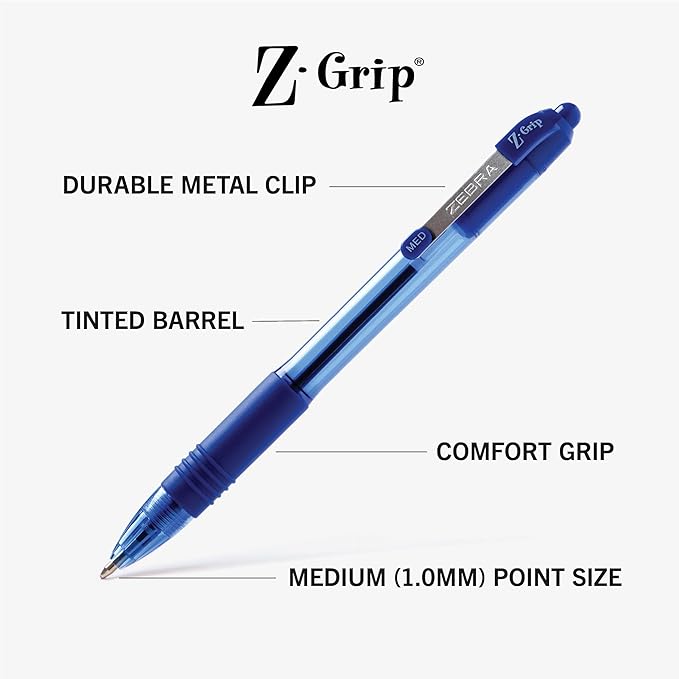 Zebra Pen Z-Grip Retractable Ballpoint Pen, Smooth-Flowing Blue Ink, 1.0mm Medium Point, School & Office Supplies, Ideal for Note-Taking, Journal and Planner Use, 24-Pack (12225)