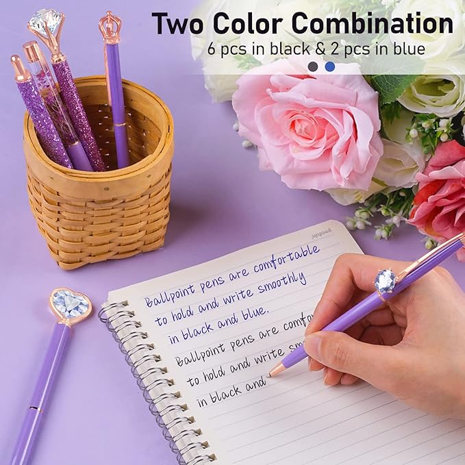 WEMATE 8Pcs Purple Pens, Metal Crystal Diamond Pen with Black & Blue Ink, Pens for Journaling, Office Supplies Fancy Pens for Women, Back to School Supplies for Girls Birthday (Purple)