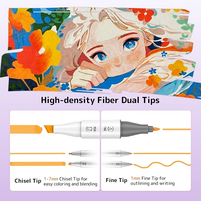 Alcohol Markers, [Beginner Preferred] 100 Vibrant Colors & Dual Tips Art Markers for Adult Coloring, with Pro Ink, Seamless Blend, Non-Bleeding Pad, & Color Card, for Amateurs/Artists