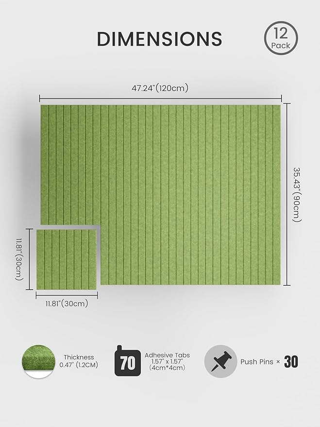 Bumusty Large Cork Board Alternative-48 x 36" Felt Bulletin Board Tiles, with 30 Pushpins, 70 Adhesive Tabs, 12-Pack Slat Wall Paneling, Cork Boards for Office Push Pin Board Felt Board-Kelly Green