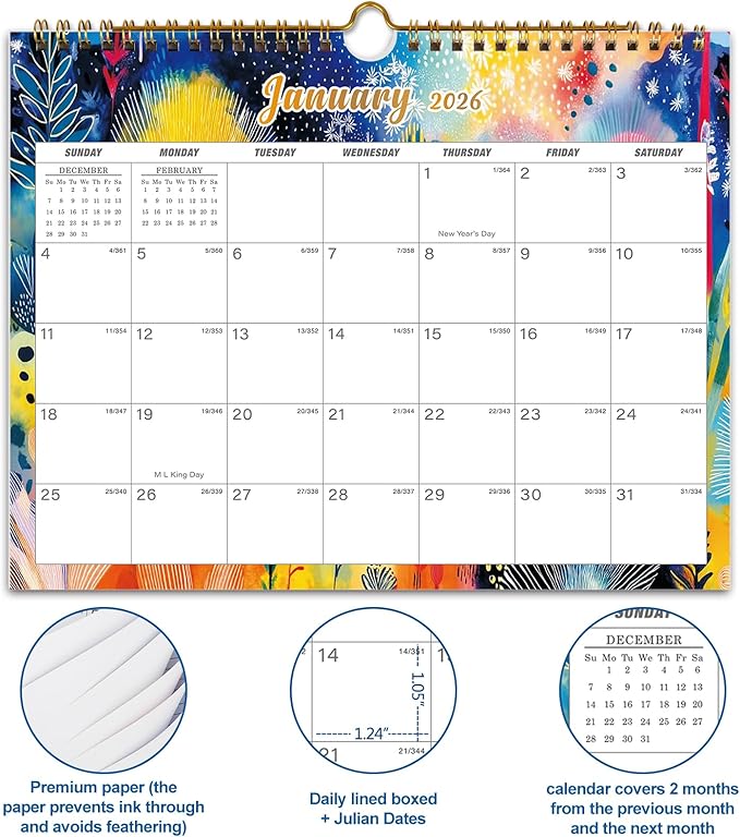 Calendar 2026 - 18 Monthly Wall Calendar, January 2026 - June 2027, 8.5" x 11", Calendar 2026 - 2027 with Twin-Wire Binding, Hanging Hook, Blocks and Julian Dates (Botanical Whimsy Wall Calendar)