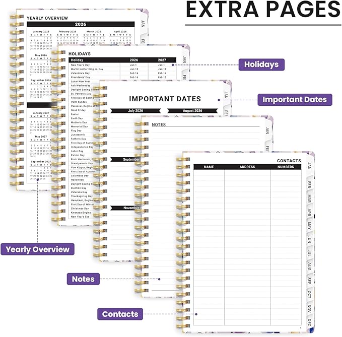 2026 Planner, Weekly and Monthly Calendar Planner for Women, Jan 2026 - Dec 2026, Hardcover Planning Agenda book with Tabs, Spiral Bound, Inner Pocket, Perfect for School Office Supplies, 6.3" x 8.5" - Purple Blocks
