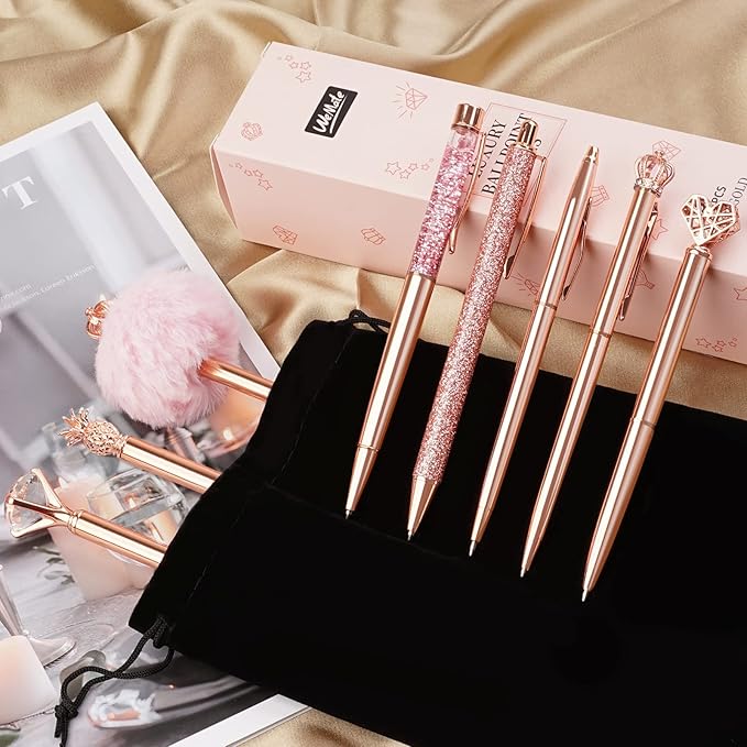 WEMATE 8Pcs Ballpoint Pens Set Metal Crystal Diamond Pen Glitter for Journaling Pen Bling in Black & Blue Ink Pretty Cute Pens Fancy Pens Mother's Day Gifts for Women Wedding School Office (Rose Gold)