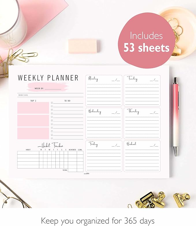 Weekly Planner Notepad Tear Off Premium 53 Thick A4 Paper Weekly Sheets, Weekly To Do List, Daily To Do List, Habit Tracker, Academic 8.5 x 11