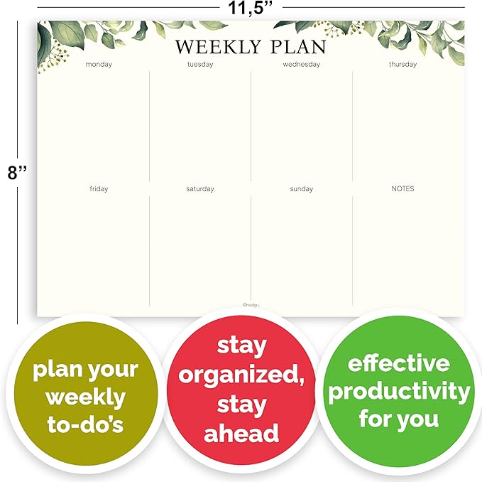 Weekly Planner Notepad, Undated Tear Off Weekly To Do List Notepad, 11.5" x 8", Eucalyptus Design on Cream Base, Premium Thick Paper and Cardboard Back Support, Desk Planner for Work, Office and Home.