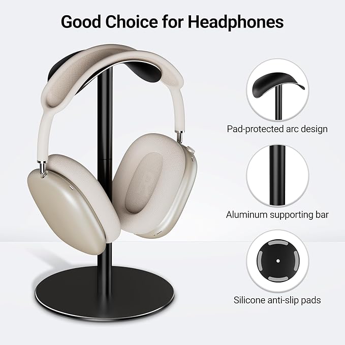 Aluminum Alloy Headphone Stand for Desk, Gaming Headset Holder with Non-Slip Weighted Base, Compatible with AirPods Max and Over-Ear Headsets, Space-Saving Design (Black)