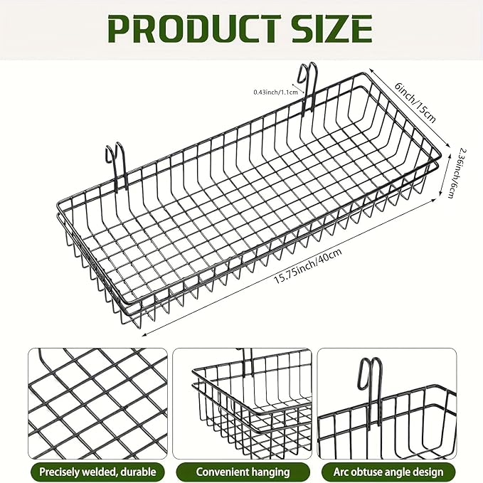 4 Pack 15.75 x 6 x 2.36 Inch Metal Grid Wall Baskets with Hooks, Hanging Wire Grid Basket, Multi-Function Wall Mounted Organizer for Kitchen Organizing Display, Black