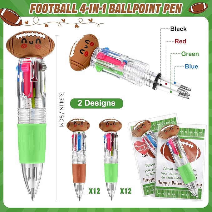 Colarr 24 Set Football Valentines Gifts Multicolor Pens with Positive Cards for Valentines Day Party Favors Classroom Prizes Students Football Team Goodie Bags Stuffers 4 in 1 Ballpoint Pens