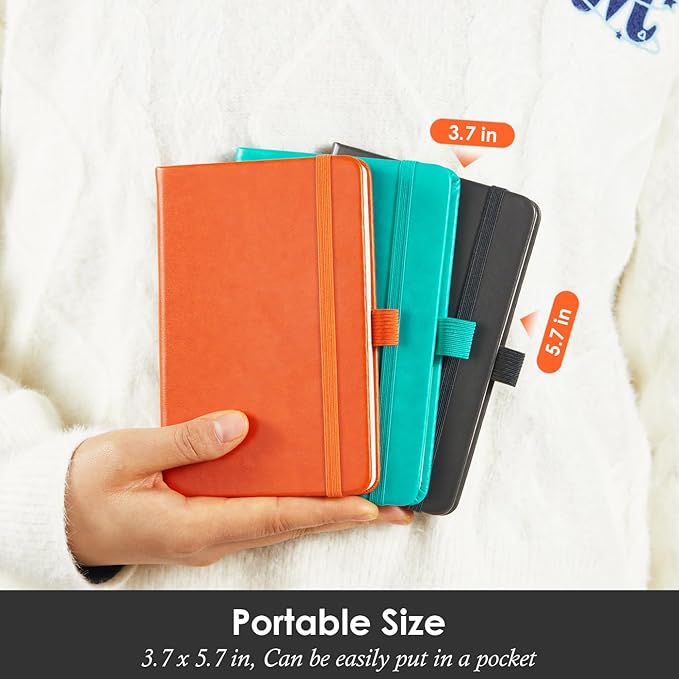 3 Pack Pocket Notebook Notepad with Pen, Mini Small Journal Notebook 3.7" x 5.7" for Women Writing, 408 Pages, Grey Orange Emerald