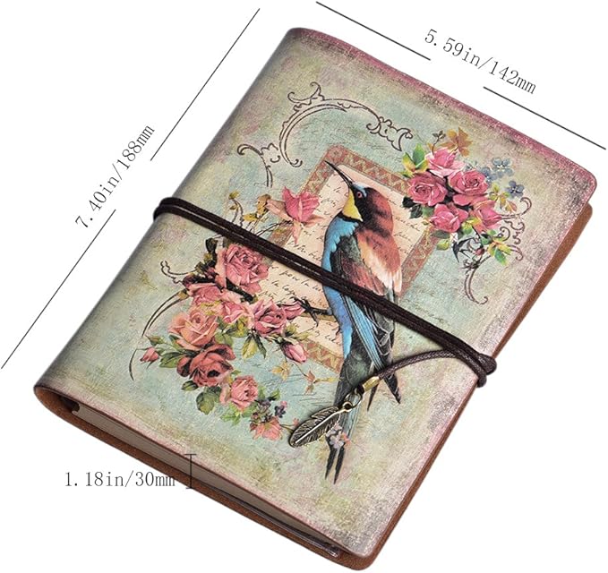 MALEDEN Vintage Refillable Journal, Premium Leather Traveler Notebook Sketchbooks Classic Diary Planner with Blank Pages and Zipper Pocket (Bird)