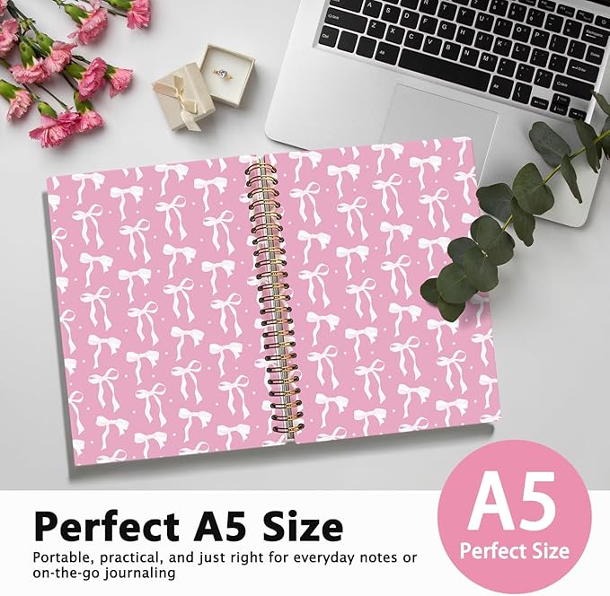 LIANGW Coquette Pink Bow Notebook Journal for Teen Girls & Women, Preppy Cute Journal Gifts for Women, Girly Gifts, Pink Bow Office Supplies, Hardcover Spiral Notebook, 5.5x8.3 Inch