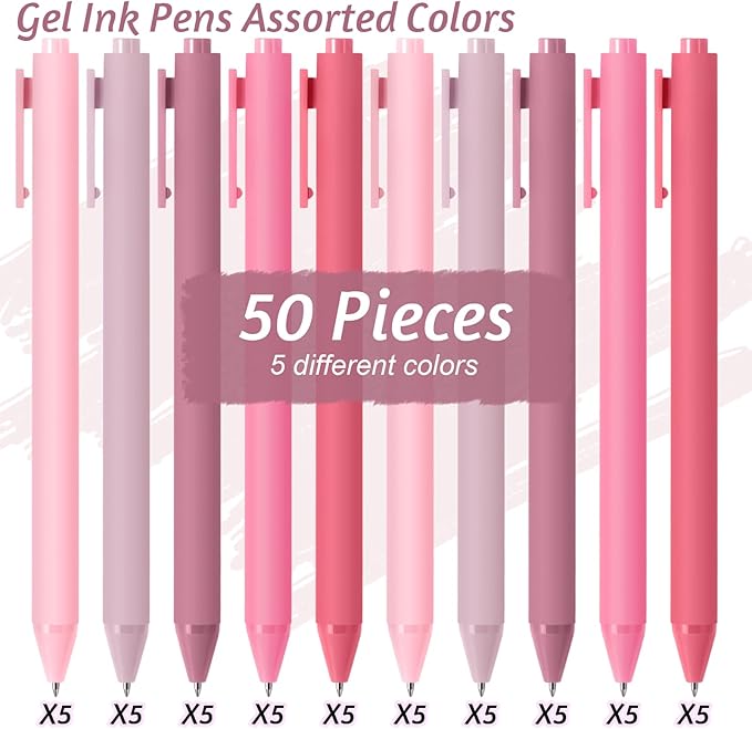 Crtiin 50 Pcs Gel Ink Pens Bulk, Black Ink 0.5mm Fine Point Retractable Pen Smooth Writing Office Supplies for Teacher Server Nurse Valentine Galentine Gift (Light Pink)