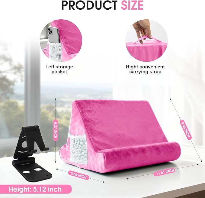 Universal Multi-Angle Tablet Holder - Soft Pad Stand with Net Pocket & Phone Stands for Lap, Knee, Sofa and Bed(Pink)