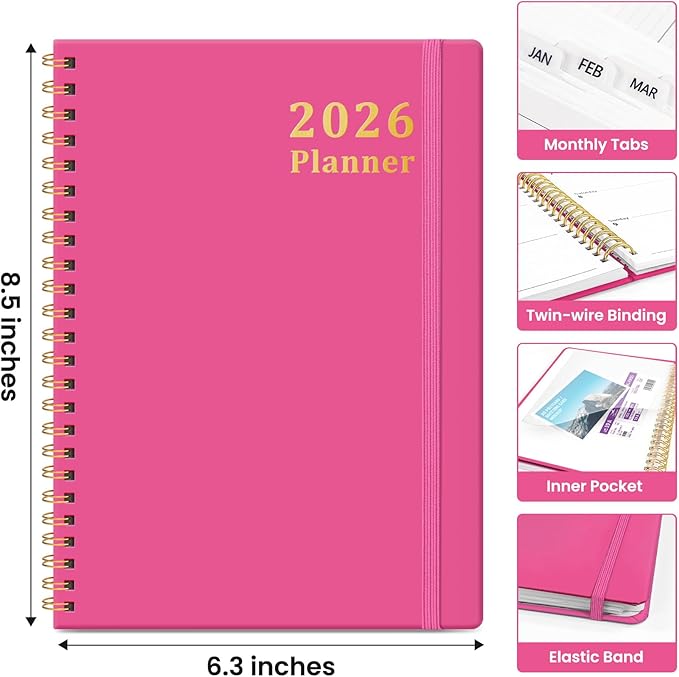 2026 Planner, Weekly and Monthly Calendar Planner, January 2026 - December 2026, Hardcover 2026 Calendar Book with Tabs For Women & Men, Inner Pocket, Spiral Bound, Perfect for Office Home School Supplies - A5 (6.3" x 8.5"), Berry Pink