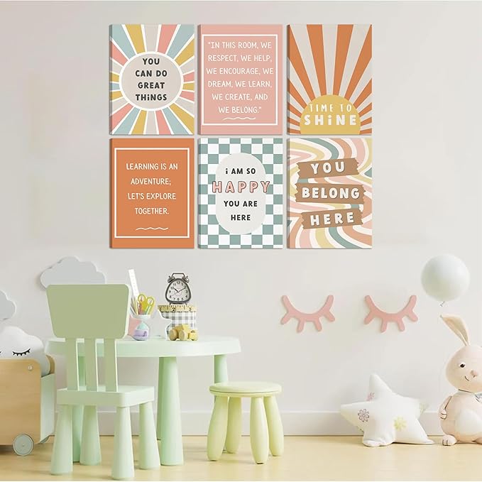 6Pcs Boho Inspirational Canvas Wall Art Positive Affirmations Growth Mindset Posters Wall Decor Pictures Modern Classroom School Posters Wall Prints for Children's Room nursery School 8x10in