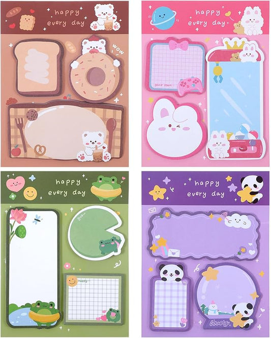 4 Pack Sticky Notes Kawaii Animal Posted Notes Set 240 Sheets Animals Shape Markers Flags Self-Stick Memo Pads Kawaii Small Self-Stick Note Pad for Office Roommates Home Kids Students