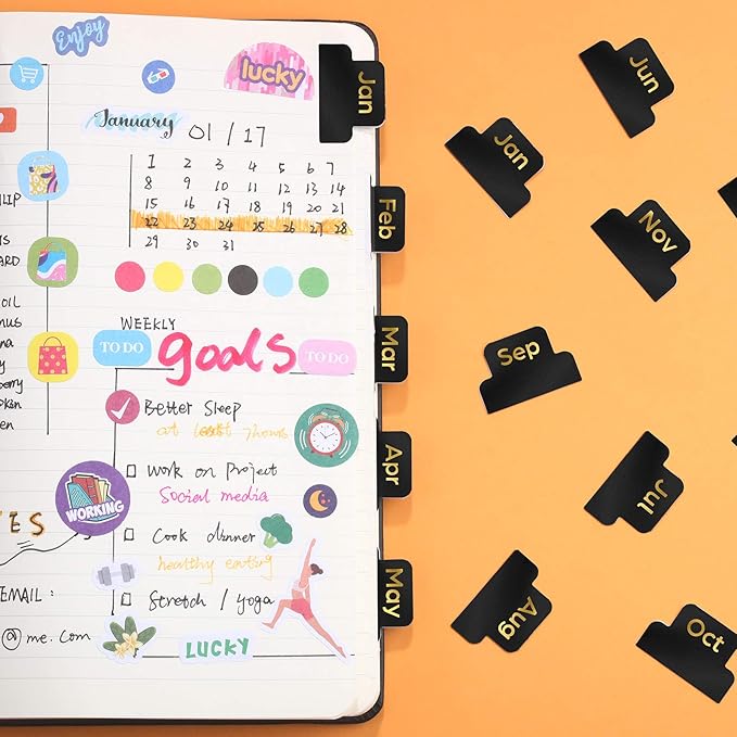 Outus 24 Pieces Monthly Adhesive Tabs for Planner - Designer Accessories Monthly Tabs Stickers Decorative for Office Planners Organizations Sturdy Notebook Planners Journal(Black)