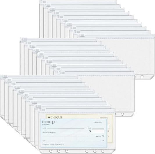 Antner 30pcs A6 Binder Pockets 6-Hole Budget Binder Inserts Cash Stuffing Envelopes for Budgeting, White Zipper Pouch Folders Loose Leaf Filling Bags Money Organizer for A6 6-Ring Planners and Binders