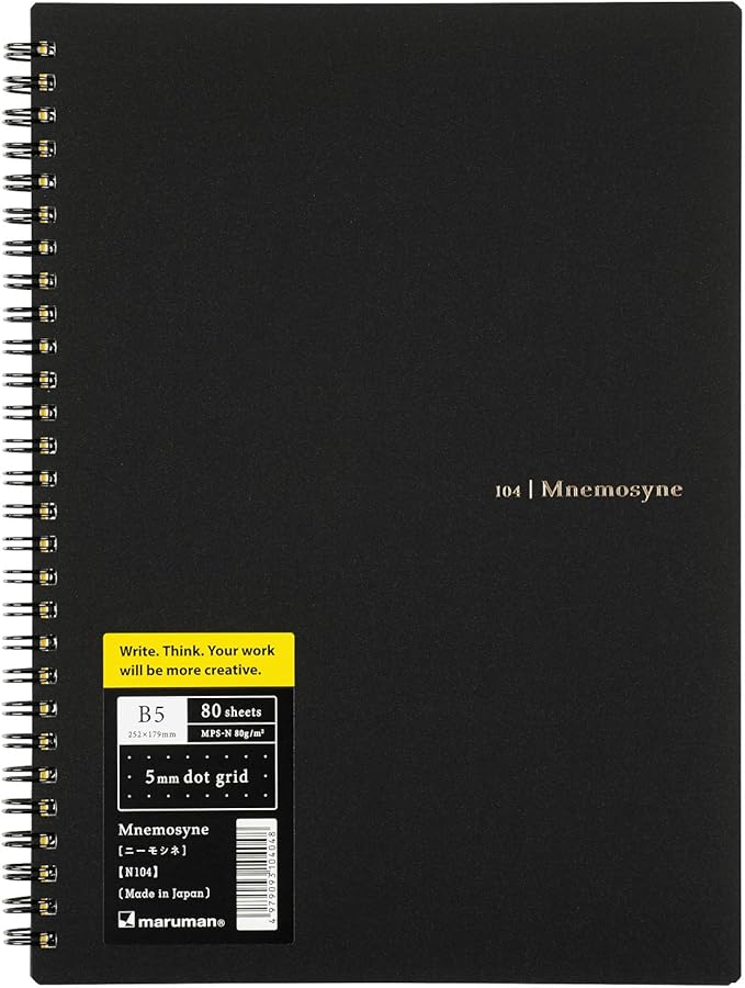 Maruman Mnemosyne Dot Grid Notebook- B5, 9.92" x 7.56", 80 Sheets / 160 Pages, 5mm Dotted Journal, Perforated Pages & Wire-Bound to Lay Flat, Black, Made in Japan